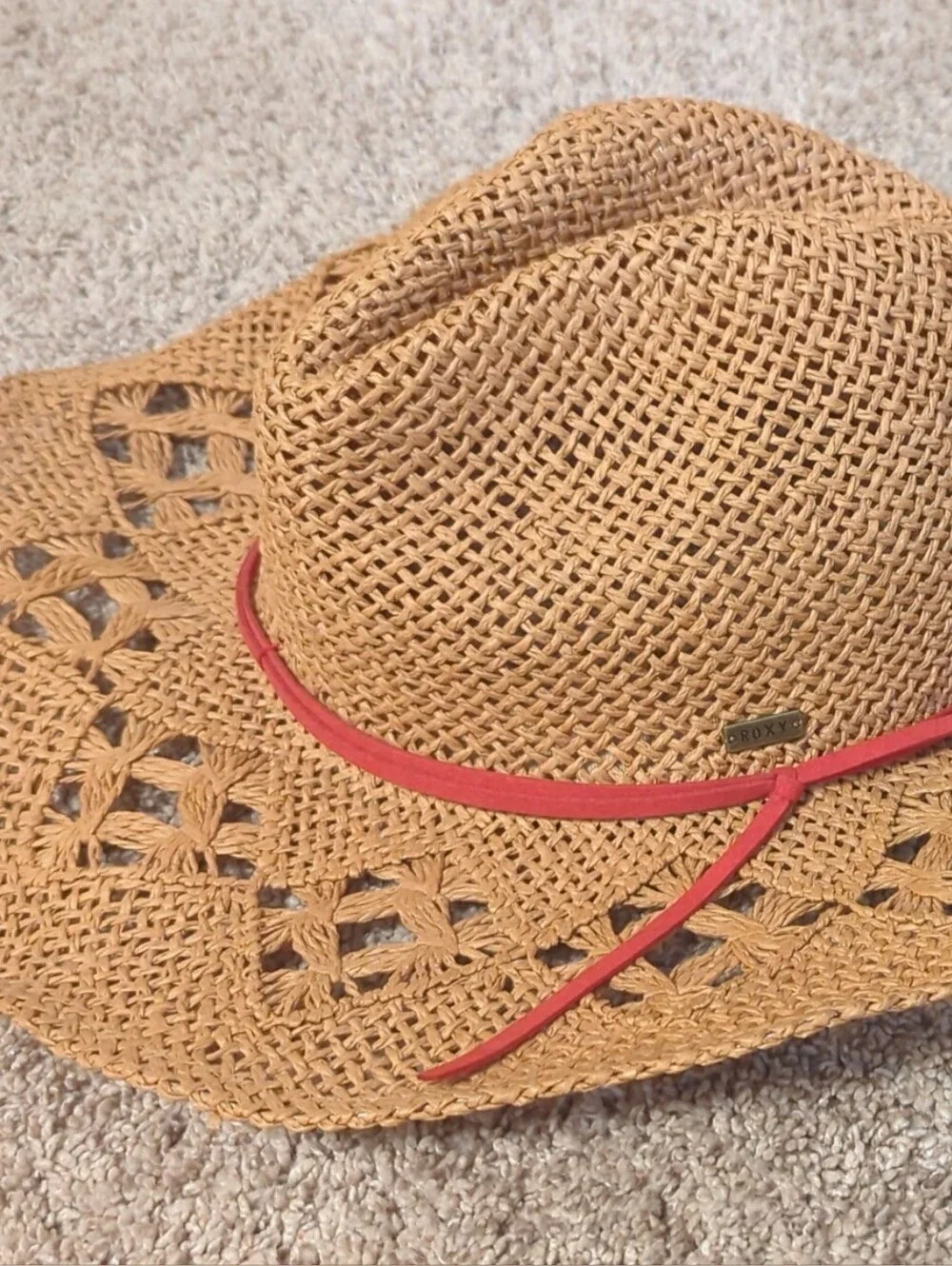 Roxy Woven Straw Fedora with Coral Band